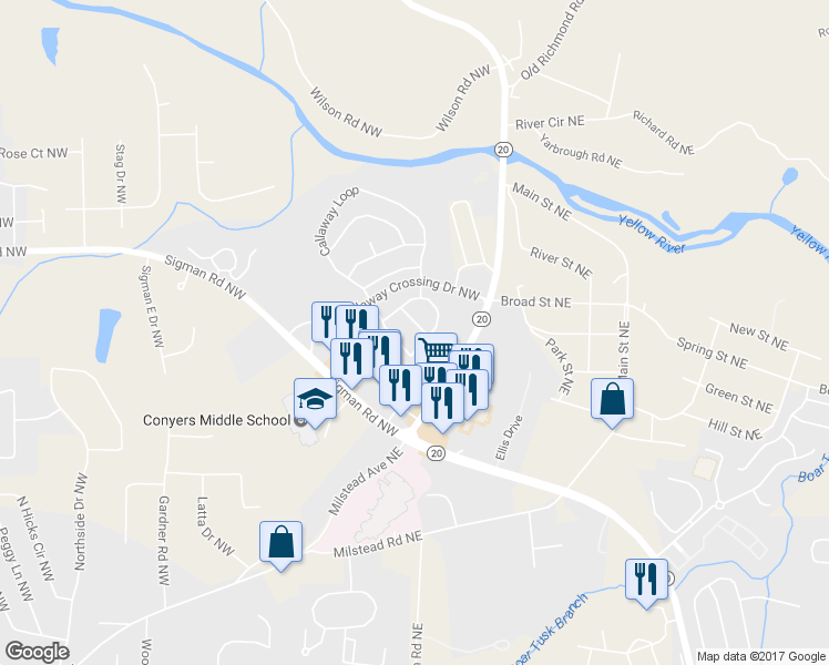 map of restaurants, bars, coffee shops, grocery stores, and more near 121 Hawkeye Lane Northwest in Conyers