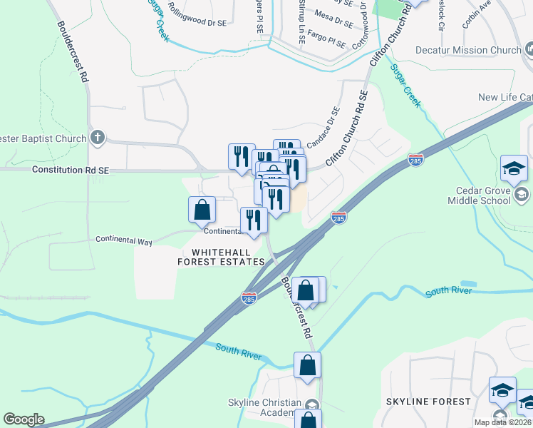 map of restaurants, bars, coffee shops, grocery stores, and more near 2594 Bouldercrest Road in Atlanta