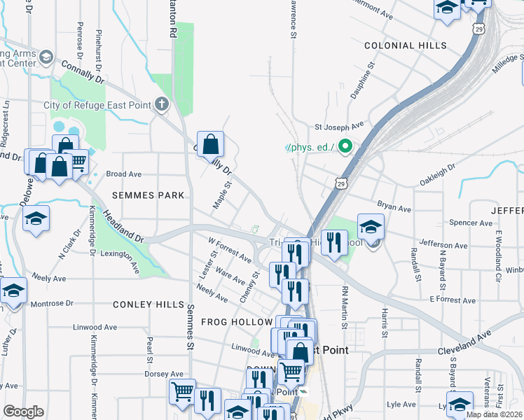 map of restaurants, bars, coffee shops, grocery stores, and more near 1647 Connally Drive in East Point