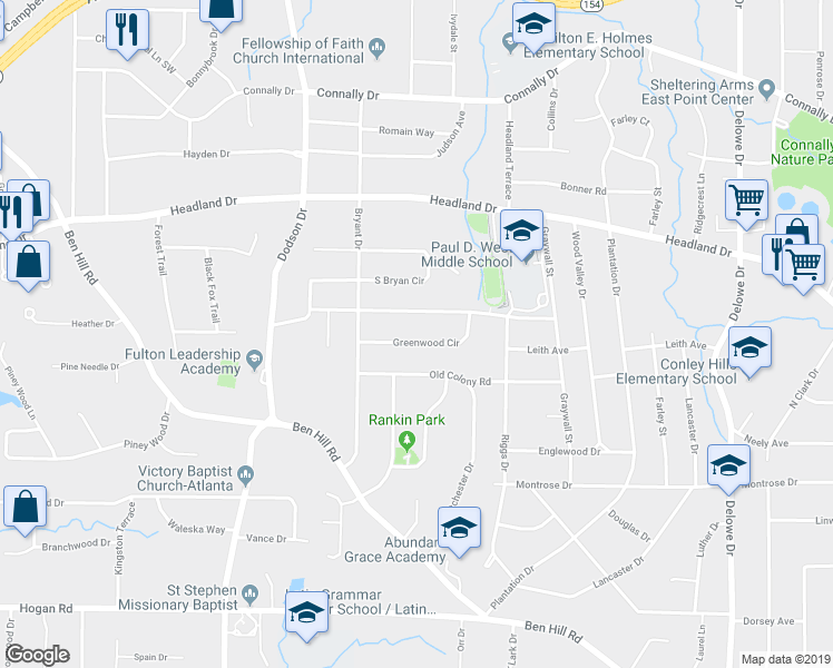 map of restaurants, bars, coffee shops, grocery stores, and more near 2478 Woodhill Lane in East Point