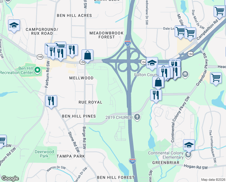 map of restaurants, bars, coffee shops, grocery stores, and more near 2400 Barge Road Southwest in Atlanta