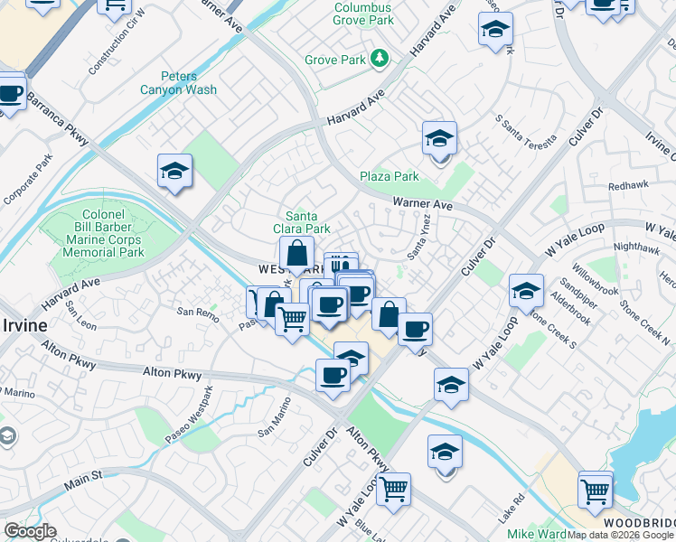 map of restaurants, bars, coffee shops, grocery stores, and more near 1403 Solvay Aisle in Irvine
