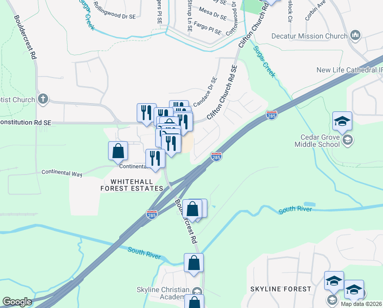 map of restaurants, bars, coffee shops, grocery stores, and more near 3293 River Lane Southeast in Atlanta
