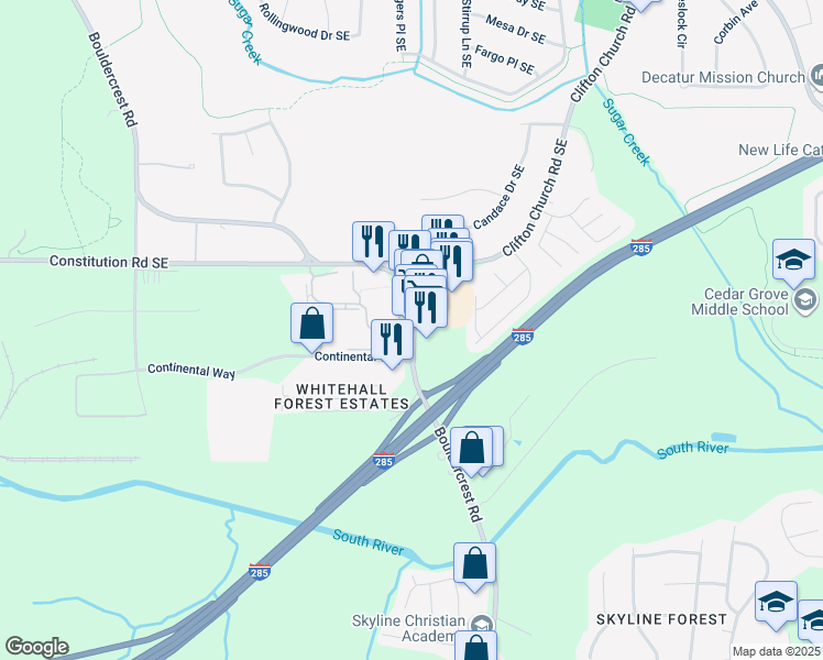 map of restaurants, bars, coffee shops, grocery stores, and more near 2594 Bouldercrest Road in Atlanta