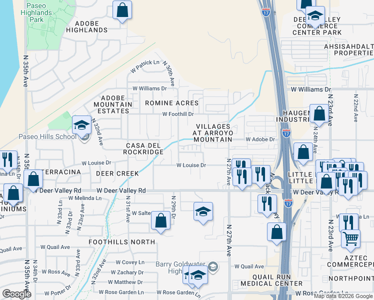 map of restaurants, bars, coffee shops, grocery stores, and more near Unnamed Road in Phoenix