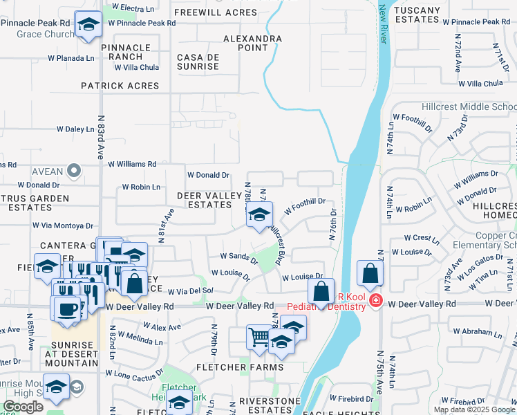 map of restaurants, bars, coffee shops, grocery stores, and more near 22407 North 78th Lane in Peoria