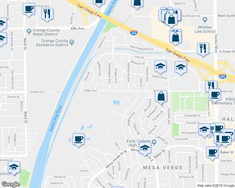 map of restaurants, bars, coffee shops, grocery stores, and more near 1811 Gisler Avenue in Costa Mesa