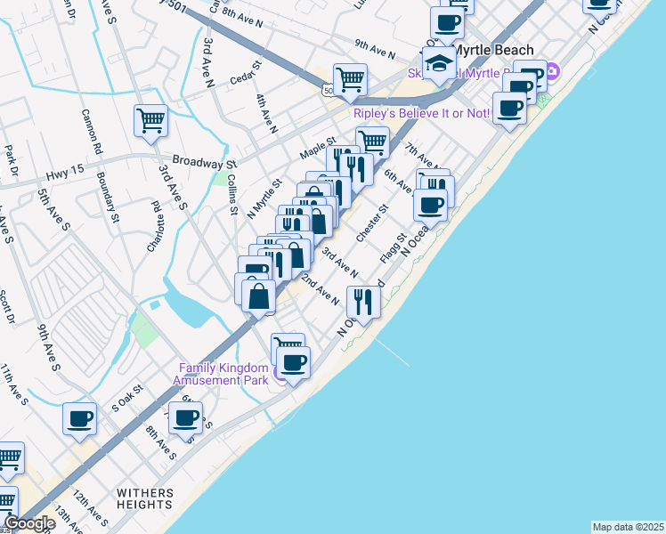 map of restaurants, bars, coffee shops, grocery stores, and more near 209 Chester Street in Myrtle Beach