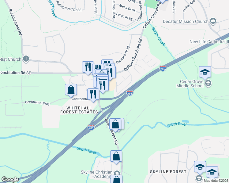 map of restaurants, bars, coffee shops, grocery stores, and more near 3287 River Lane Southeast in Atlanta