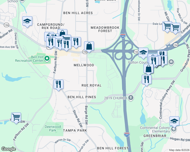 map of restaurants, bars, coffee shops, grocery stores, and more near 2534 Rex Avenue Southwest in Atlanta