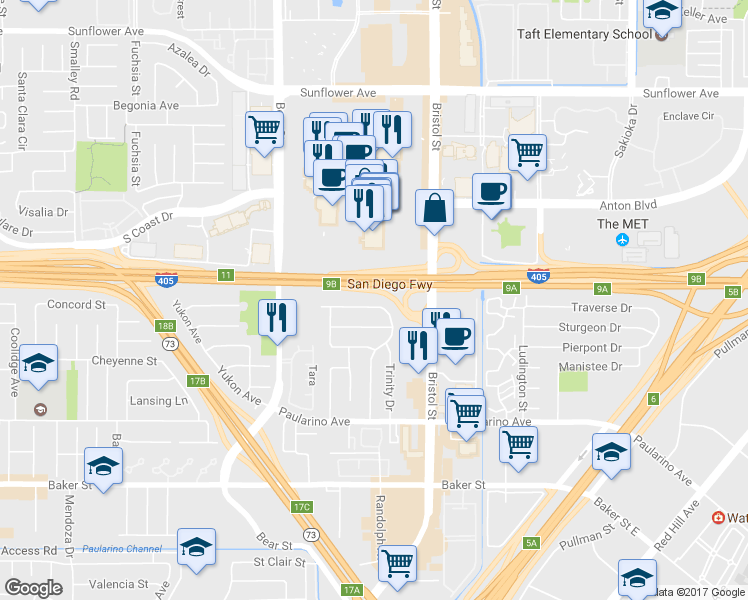 map of restaurants, bars, coffee shops, grocery stores, and more near 13771 Olympic Avenue in Costa Mesa