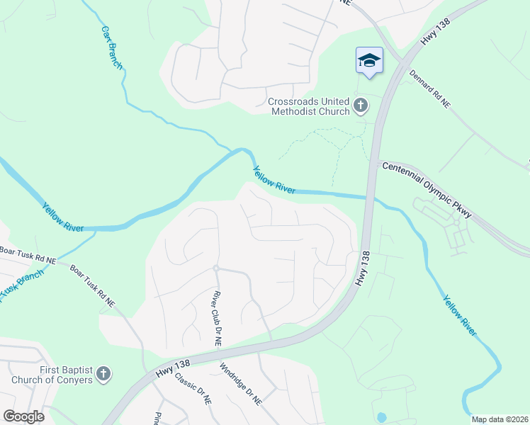 map of restaurants, bars, coffee shops, grocery stores, and more near 1621 Riverside Trail Northeast in Conyers
