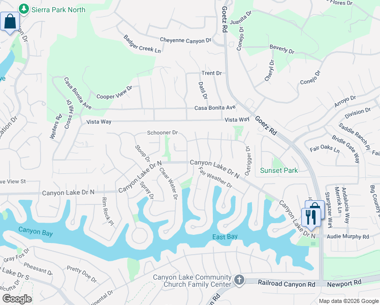 map of restaurants, bars, coffee shops, grocery stores, and more near 29860 Steel Head Drive in Canyon Lake