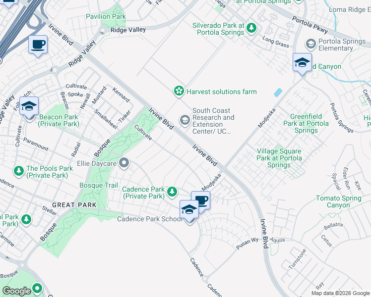 map of restaurants, bars, coffee shops, grocery stores, and more near 103 Drama in Irvine