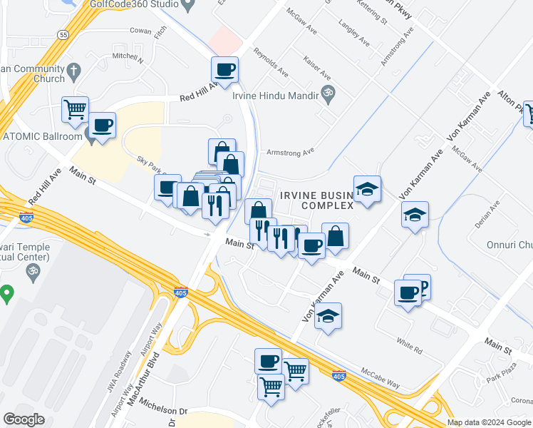 map of restaurants, bars, coffee shops, grocery stores, and more near 122 Citysquare in Irvine