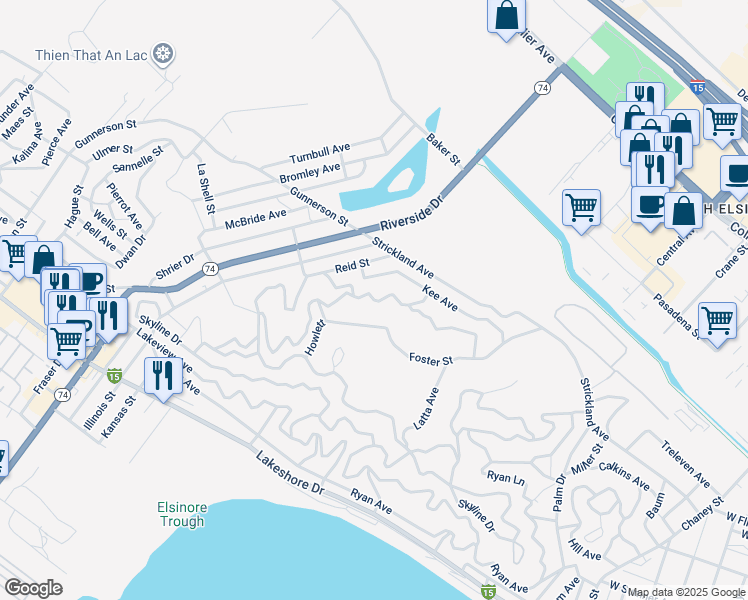 map of restaurants, bars, coffee shops, grocery stores, and more near Stecher Avenue in Lake Elsinore