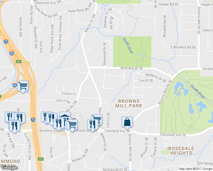 map of restaurants, bars, coffee shops, grocery stores, and more near 2469 Baywood Drive Southeast in Atlanta