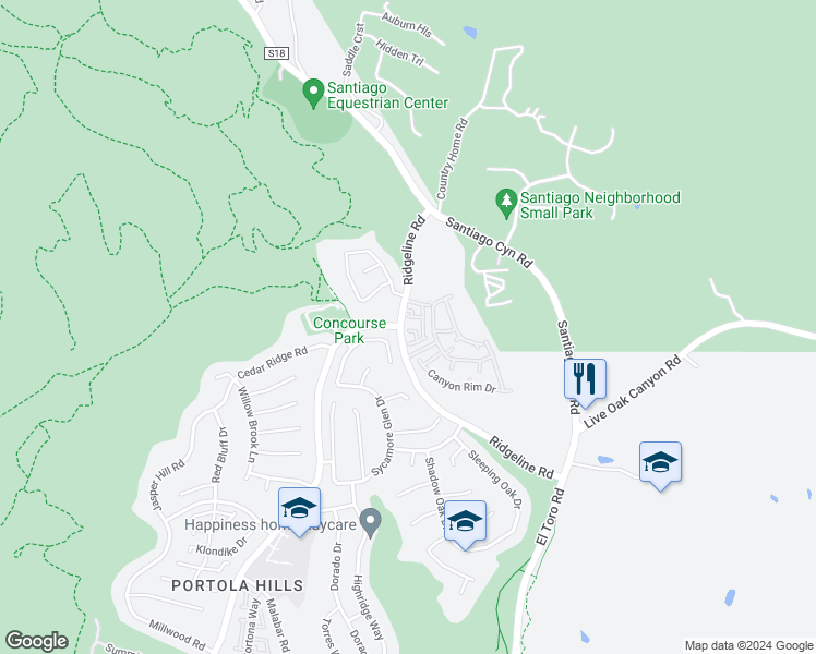map of restaurants, bars, coffee shops, grocery stores, and more near 28873 Canyon Point in Trabuco Canyon