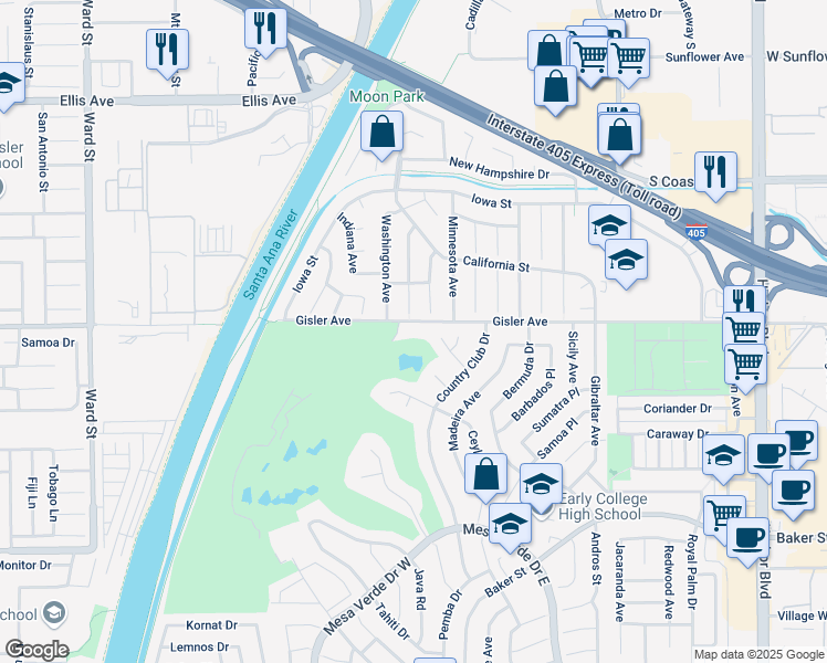 map of restaurants, bars, coffee shops, grocery stores, and more near 1811 Gisler Avenue in Costa Mesa