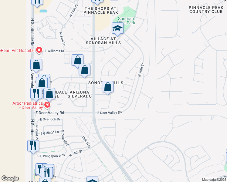 map of restaurants, bars, coffee shops, grocery stores, and more near 22087 North 77th Street in Scottsdale