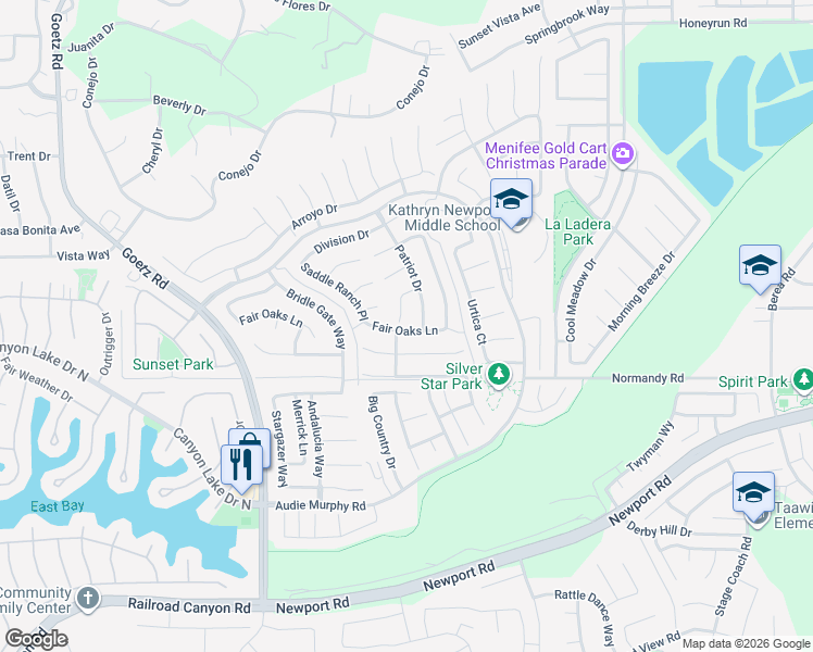 map of restaurants, bars, coffee shops, grocery stores, and more near 24567 Fair Oaks Lane in Menifee