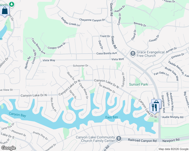 map of restaurants, bars, coffee shops, grocery stores, and more near 29860 Steel Head Drive in Canyon Lake