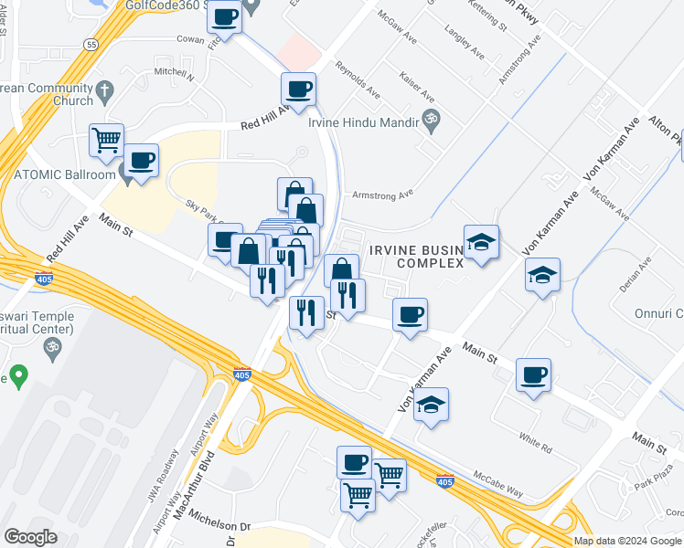 map of restaurants, bars, coffee shops, grocery stores, and more near 143 Citysquare in Irvine