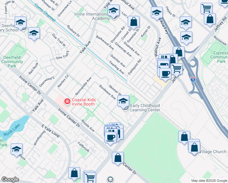 map of restaurants, bars, coffee shops, grocery stores, and more near 5192 Skinner Street in Irvine