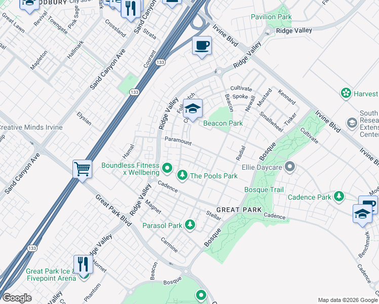 map of restaurants, bars, coffee shops, grocery stores, and more near 145 Mongoose in Irvine