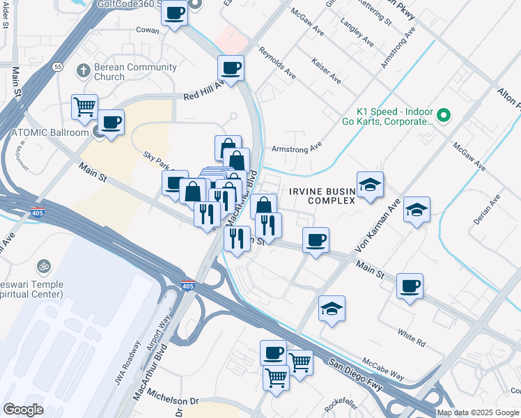 map of restaurants, bars, coffee shops, grocery stores, and more near 143 Citysquare in Irvine