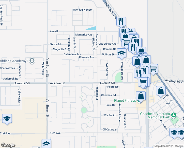 map of restaurants, bars, coffee shops, grocery stores, and more near in Coachella