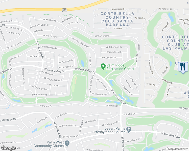 map of restaurants, bars, coffee shops, grocery stores, and more near 13838 West Vía Manana in Sun City West