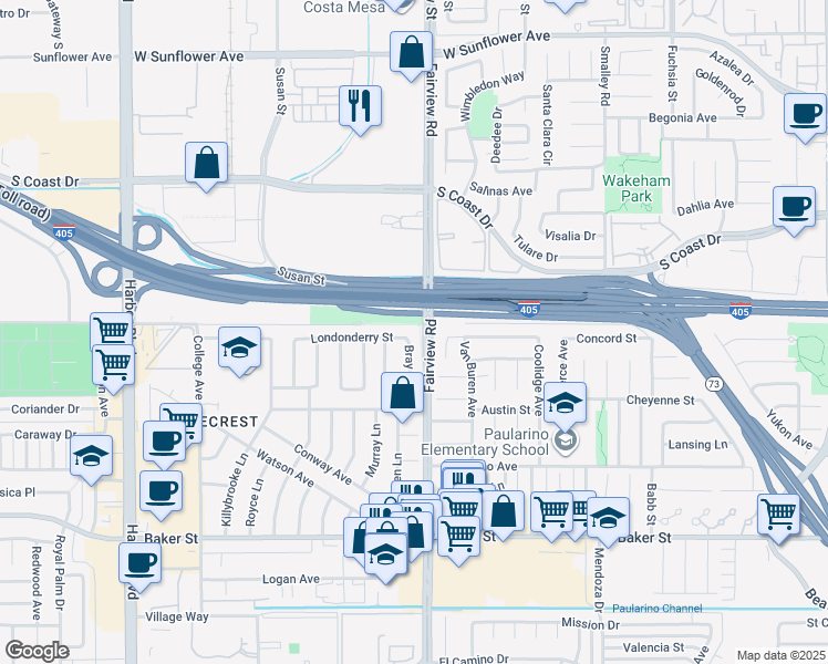 map of restaurants, bars, coffee shops, grocery stores, and more near 1222 Londonderry Street in Costa Mesa