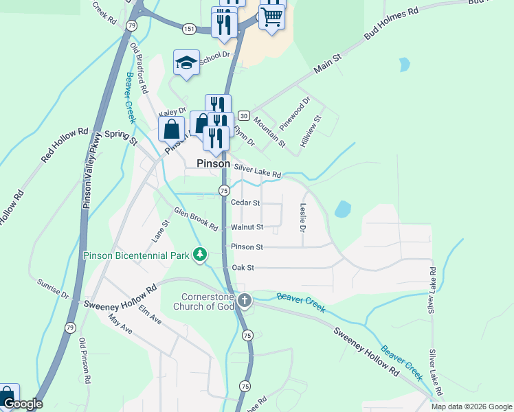 map of restaurants, bars, coffee shops, grocery stores, and more near 4247 Cedar Street in Pinson