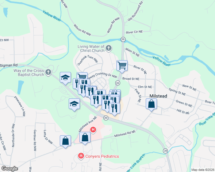 map of restaurants, bars, coffee shops, grocery stores, and more near 203 Odyssey Turn Northwest in Conyers
