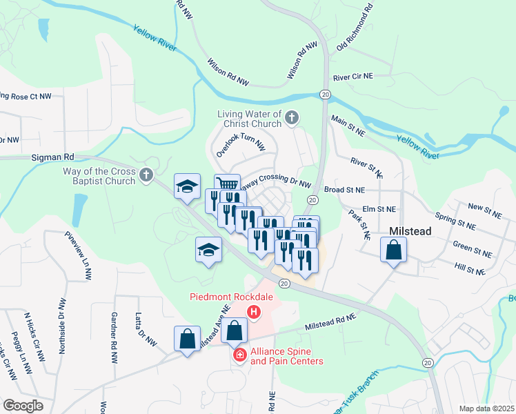 map of restaurants, bars, coffee shops, grocery stores, and more near 125 Odyssey Turn Northwest in Conyers