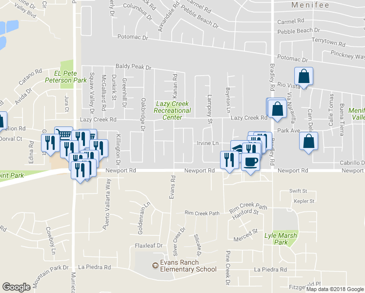 map of restaurants, bars, coffee shops, grocery stores, and more near 29891 Coalinga Court in Menifee
