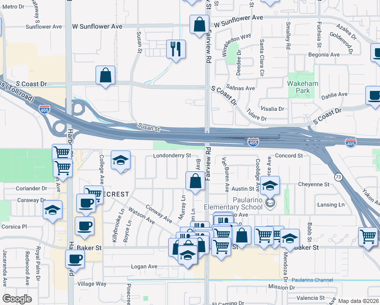 map of restaurants, bars, coffee shops, grocery stores, and more near 1226 Londonderry Street in Costa Mesa