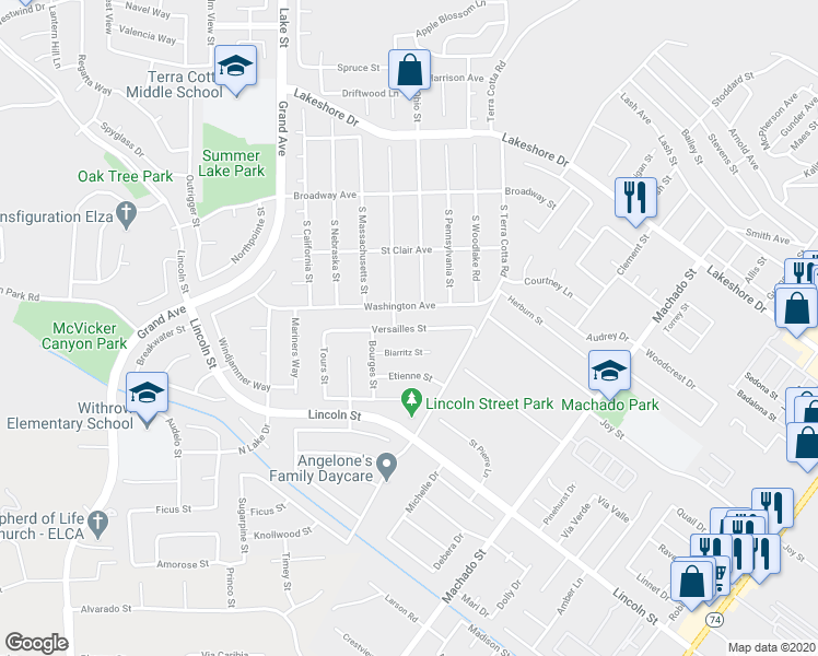 map of restaurants, bars, coffee shops, grocery stores, and more near 15152 Versailles Street in Lake Elsinore
