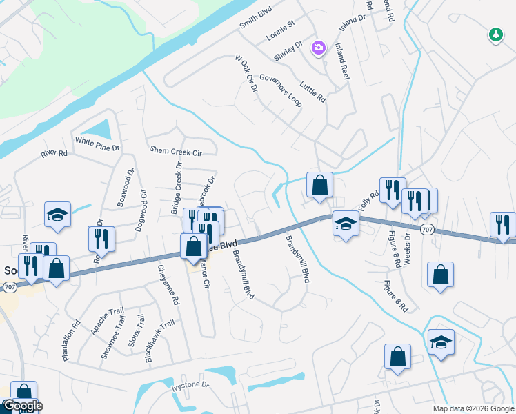 map of restaurants, bars, coffee shops, grocery stores, and more near 305 Rung Road in Myrtle Beach