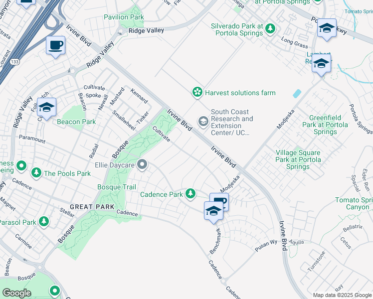 map of restaurants, bars, coffee shops, grocery stores, and more near 114 Crossover in Irvine