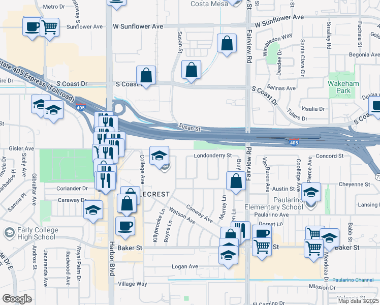 map of restaurants, bars, coffee shops, grocery stores, and more near 1288 Londonderry Street in Costa Mesa