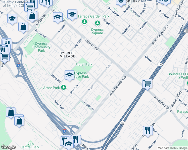 map of restaurants, bars, coffee shops, grocery stores, and more near 62 Bloomington in Irvine