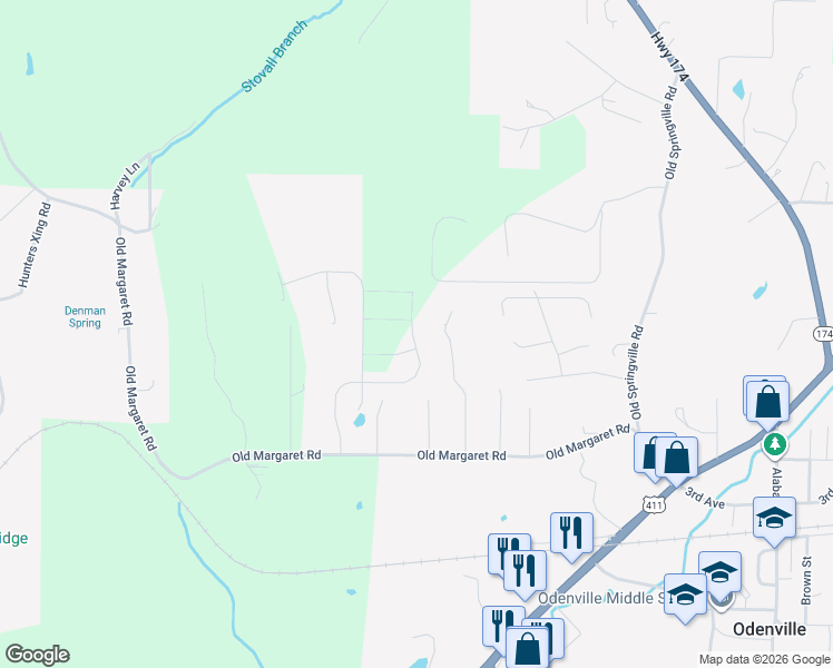 map of restaurants, bars, coffee shops, grocery stores, and more near 385 Pine Ridge Drive in Odenville