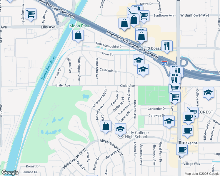 map of restaurants, bars, coffee shops, grocery stores, and more near 3198 Country Club Drive in Costa Mesa