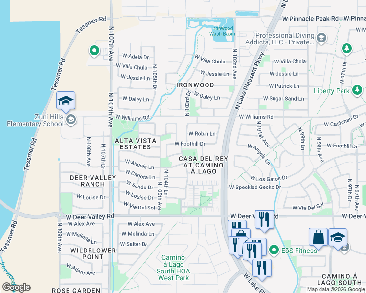 map of restaurants, bars, coffee shops, grocery stores, and more near 10411 West Foothill Drive in Peoria
