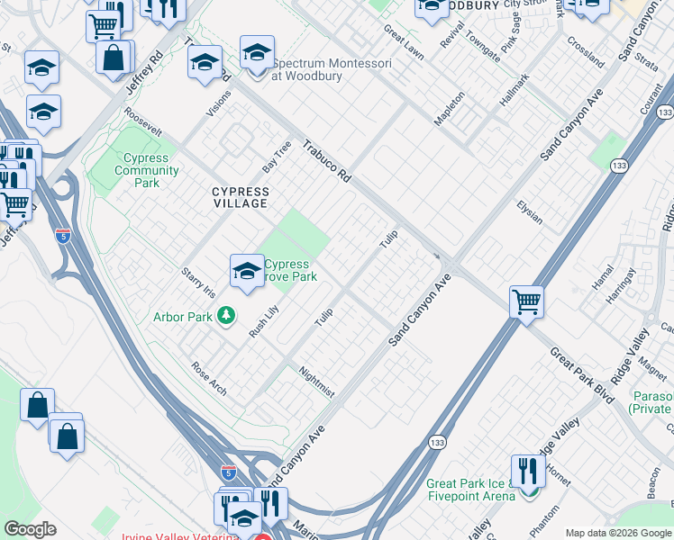 map of restaurants, bars, coffee shops, grocery stores, and more near 62 Bloomington in Irvine