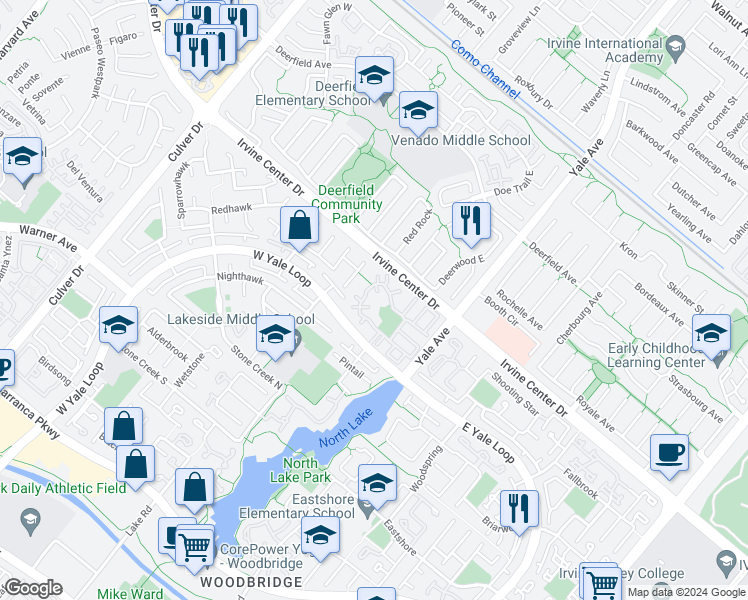 map of restaurants, bars, coffee shops, grocery stores, and more near 22 Pinewood in Irvine
