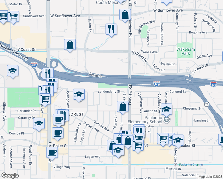map of restaurants, bars, coffee shops, grocery stores, and more near 1254 Londonderry Street in Costa Mesa
