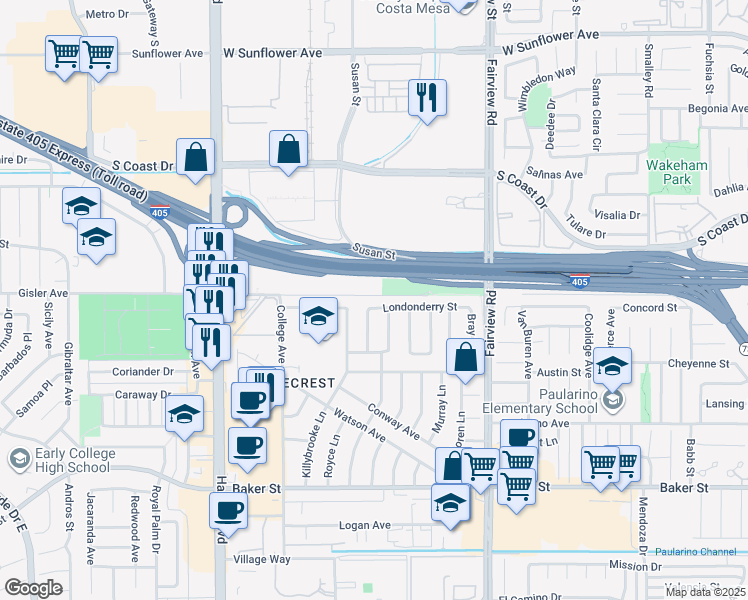 map of restaurants, bars, coffee shops, grocery stores, and more near 1288 Londonderry Street in Costa Mesa